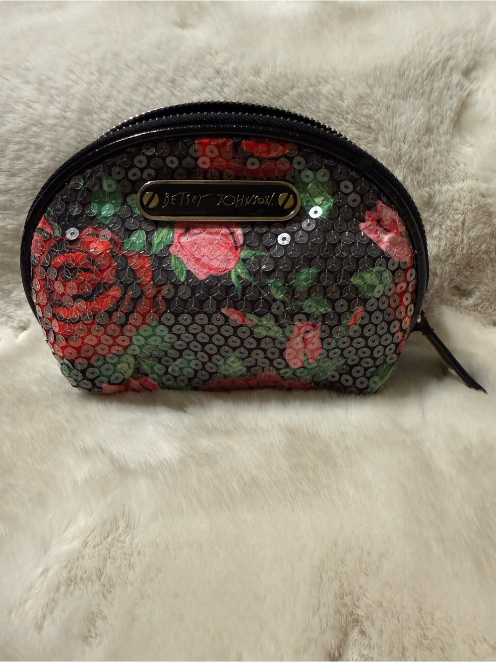 Betsey Johnson Black Sequin Floral Cosmetic Pouch with Red Roses